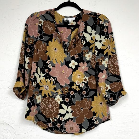 Daniel Rainn DR2 Black Yellow Orange Floral Blouse Women’s S Fall Retro 70s Dark - Picture 1 of 9